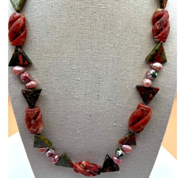 Handcrafted Unakite Pink Opal Pink Pearls & Cloisonné Beads Necklace.   B50 - Picture 1 of 16